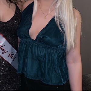 Elegant Velvet Green Sleeveless Top